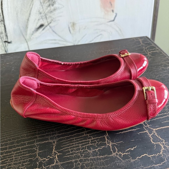 Cole Haan Red Flats with Glossy Finish and Gold Buckle - Picture 3 of 7